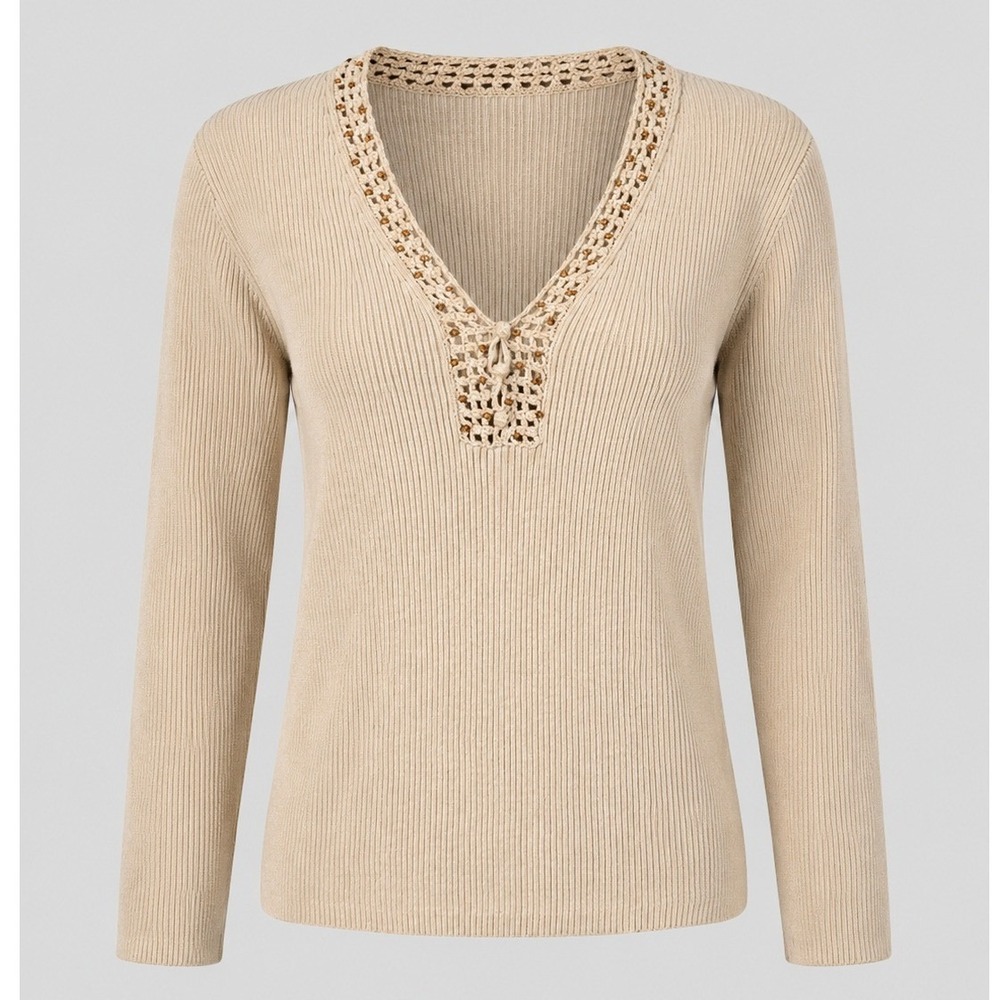 Vintage Y2K Charter Club Petite Beige Ribbed Crochet Beaded‎ Knit Top PS